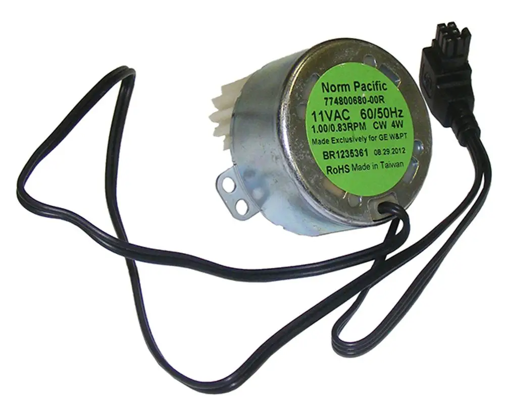 Syr Motor mit elektrischer Anschlusserweiterung, auf einem Metallgehäuse montiert. Ausgestattet mit einem Kabelbaum und Stecker, zur Verwendung in elektronischen Geräten.